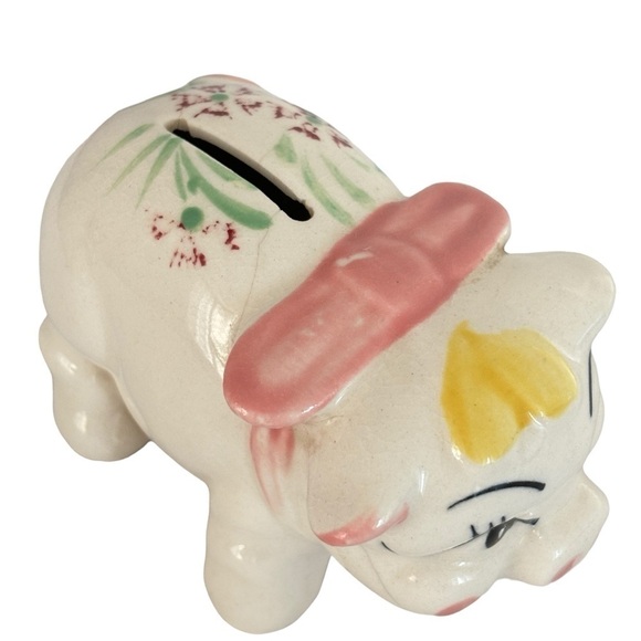 VTG Kitch Hand Painted Ceramic Piggy Coin Bank Floral Japan Mid Century Modern - Picture 11 of 15